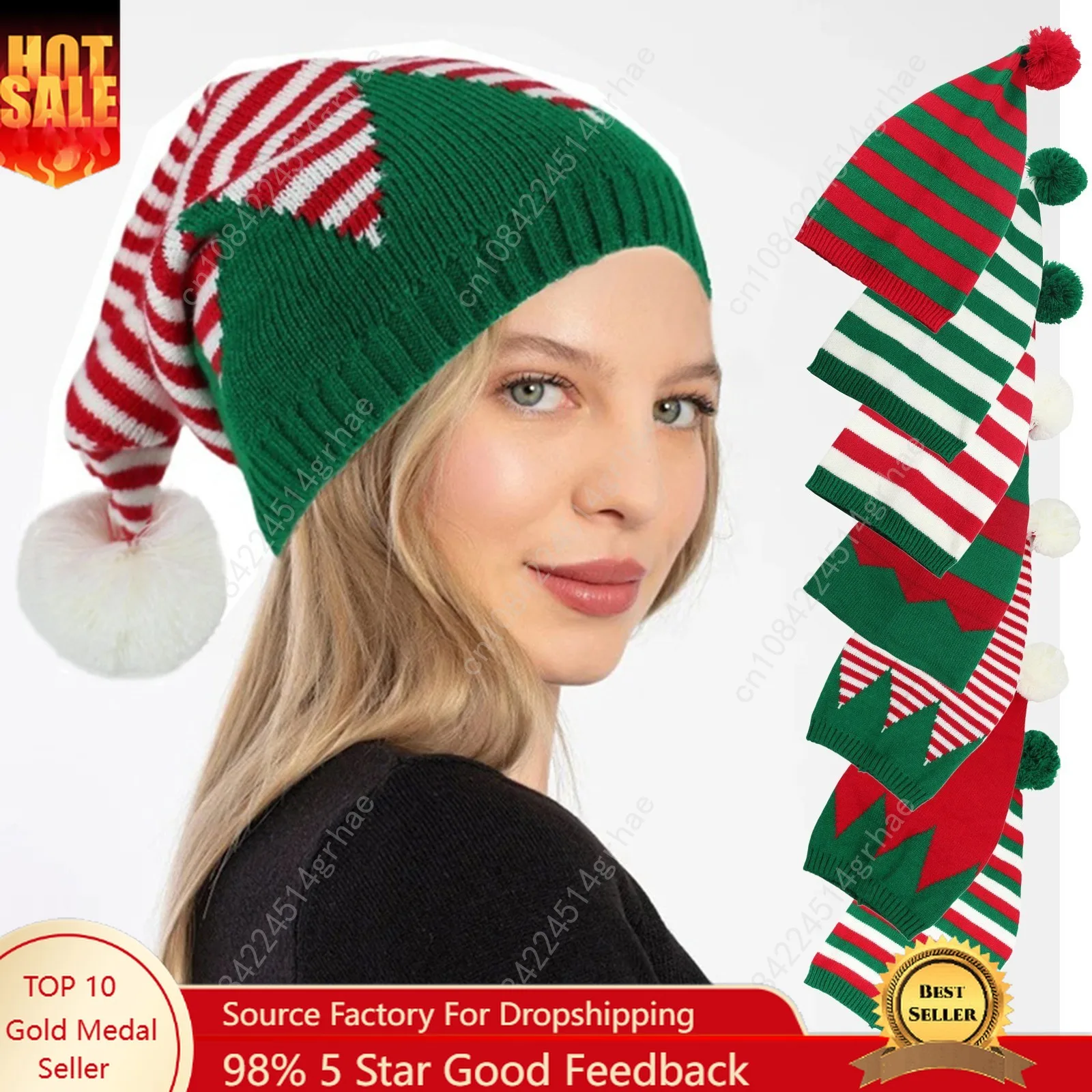 

Adult Christmas Knitted Hat Elf Santa Beanies Santa Claus Red Green Striped Knitted Crochet Hat Merry Christmas Happy New Year