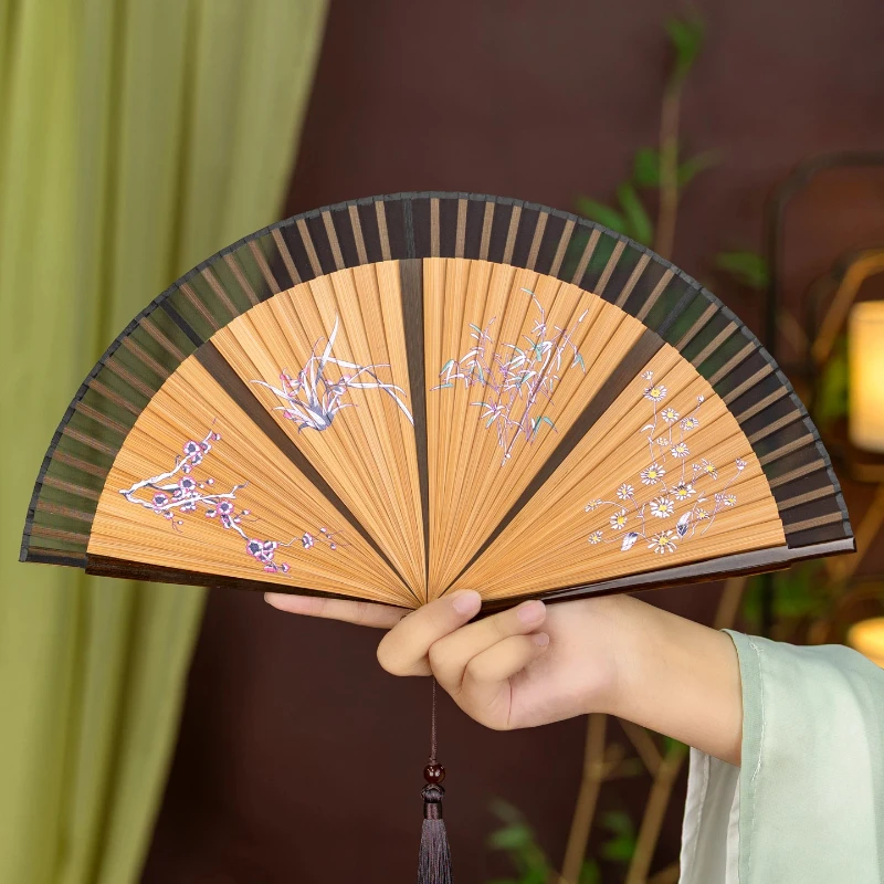 Gold Silk Palm Bamboo Folding Fan with Four Gentlemen Pattern for Gift Daily Fan Lightweight Portable Chinese Style Photo Prop
