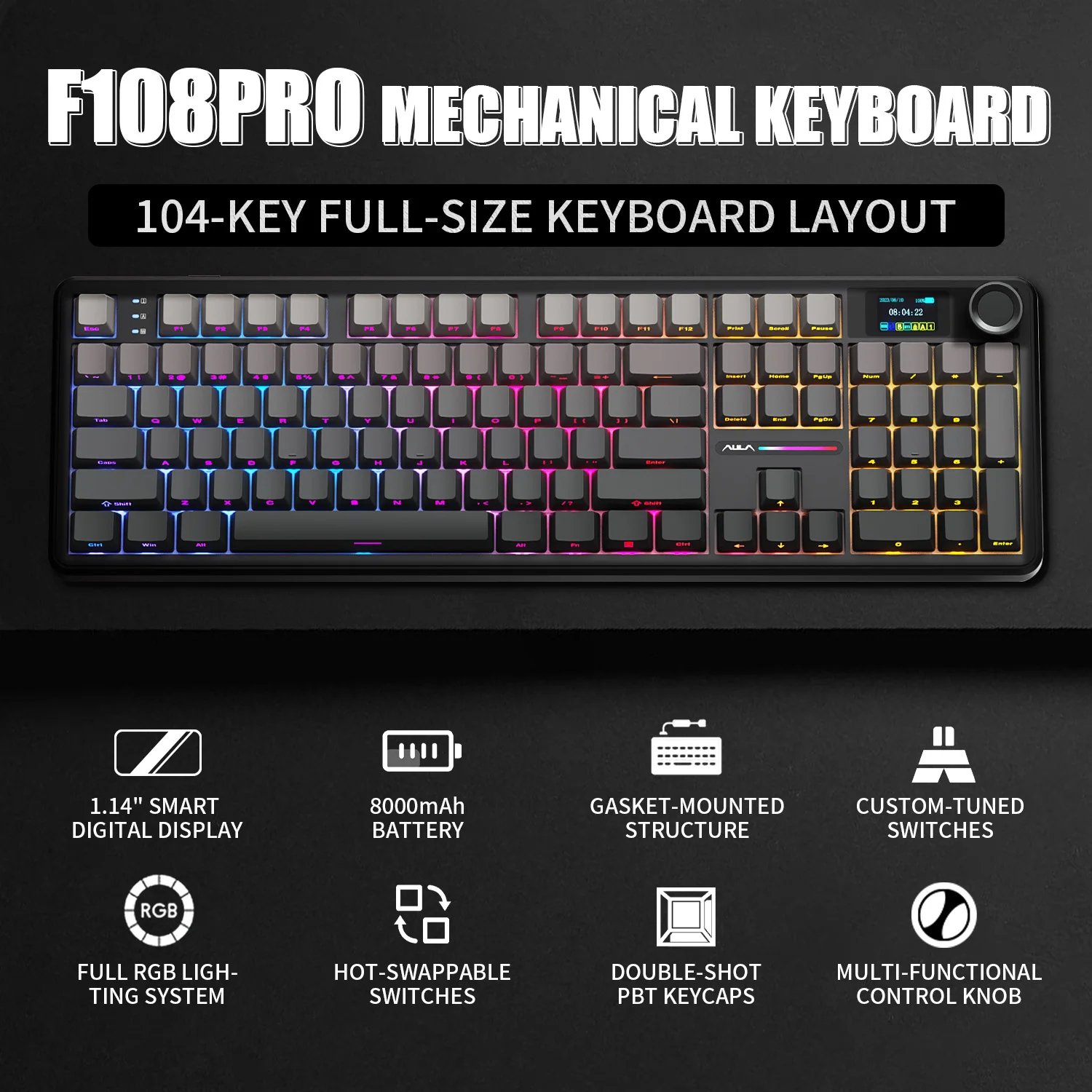 AULA F108PRO Gaming Mechanical Keyboard Full Size Custom Backlight Hot Swappable Wireless Bluetooth Hifi Switch