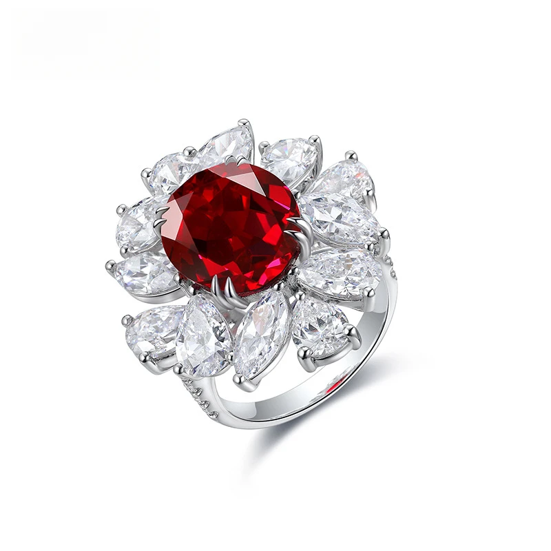 Luxury Design Large Pigeon Blood Red Color Lab Grown Ruby Oval Cut Side High Carbon Diamond Silver Ring For Anniversary Gift
