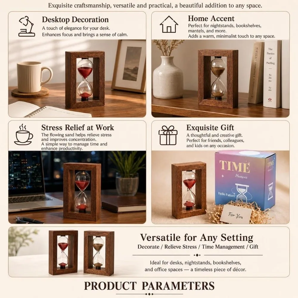 3/5 Minutes Wooden Hourglass Portable Decorative Sand Clock Timer Creative Sandglass Hourglass Mini Desktop Decoration
