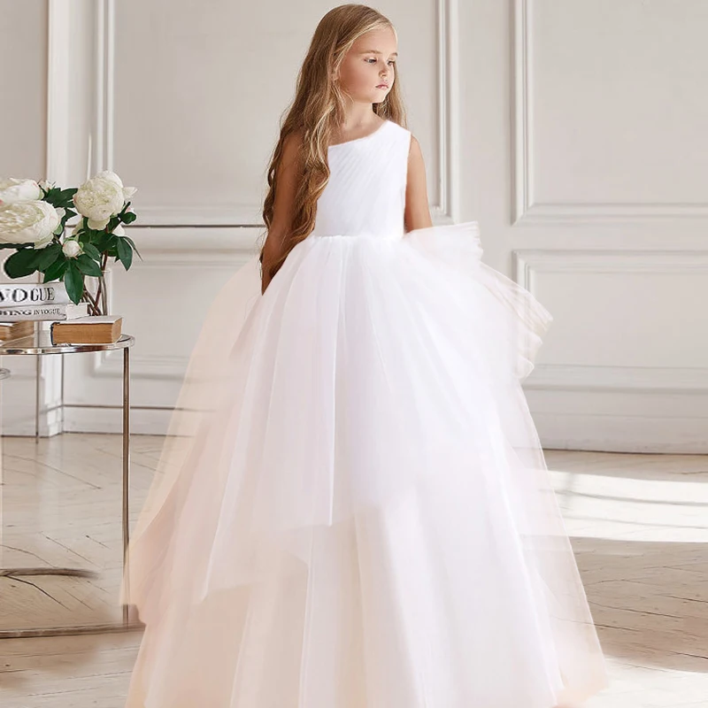 Elegant Girls Princess Dress Kids Birthday Wedding Party Layered Tulle Clothes Young Girls White Pink Evening Costume Vestidos