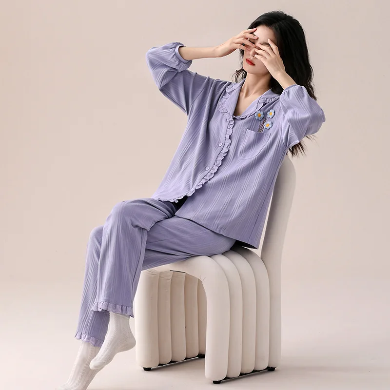 

Spring New Pure Cotton Women's Long Sleeve Pajamas Set Cute Flower Embroider Top&Pants Pjs Casual Lounge Sets Loose Home Wear