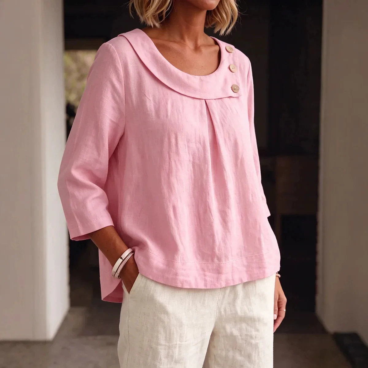 Women Linen Blouse Pink Loose Fit Shirt Casual Round Neck Button Detail Top Elegant Summer Short Sleeve Women Clothing