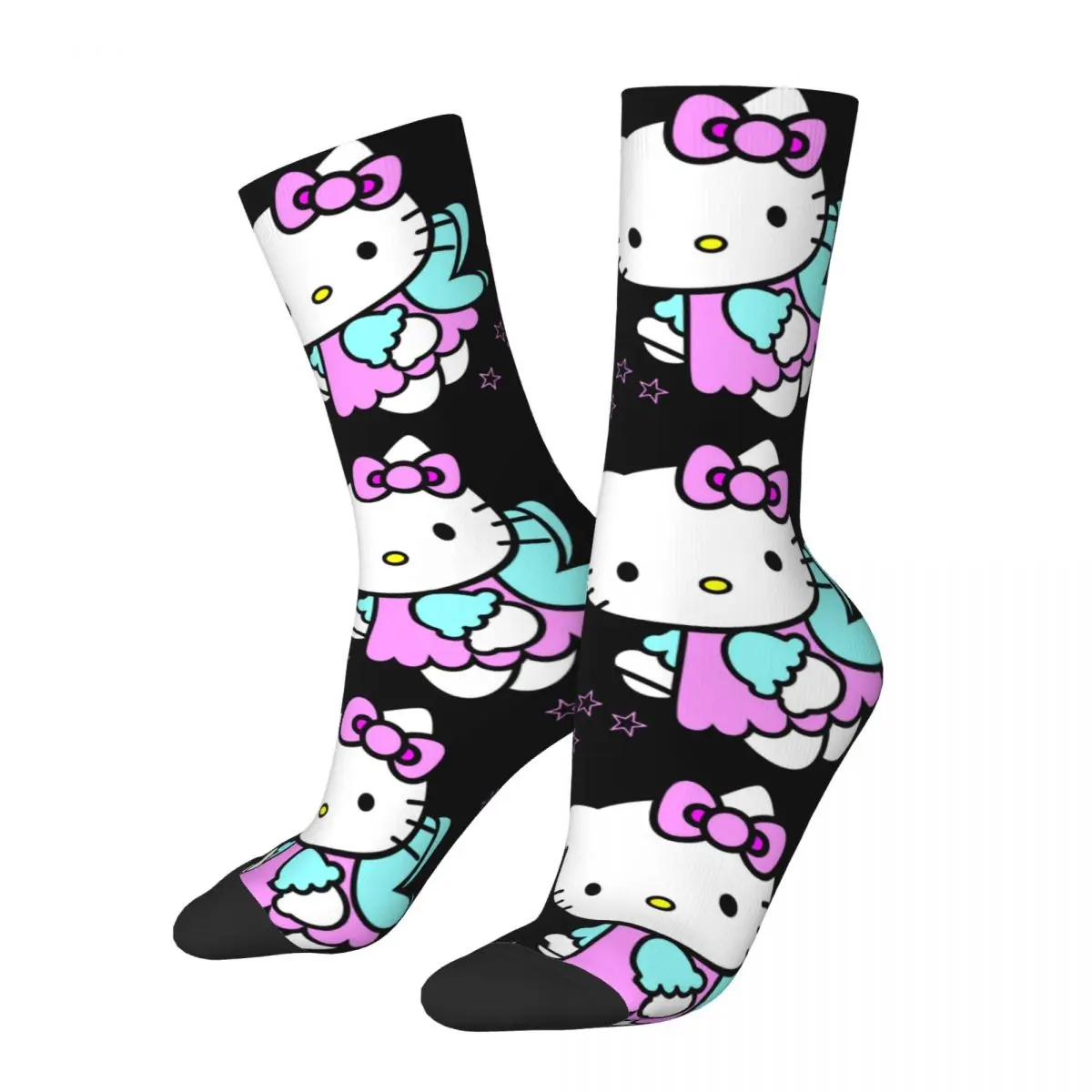 Meia louca engraçada masculina para meninos, Disney Cats, Hip Hop, Harajuku, Hello Kitty, feliz, sem costura com padrão impresso, compressão de tripulação, homens