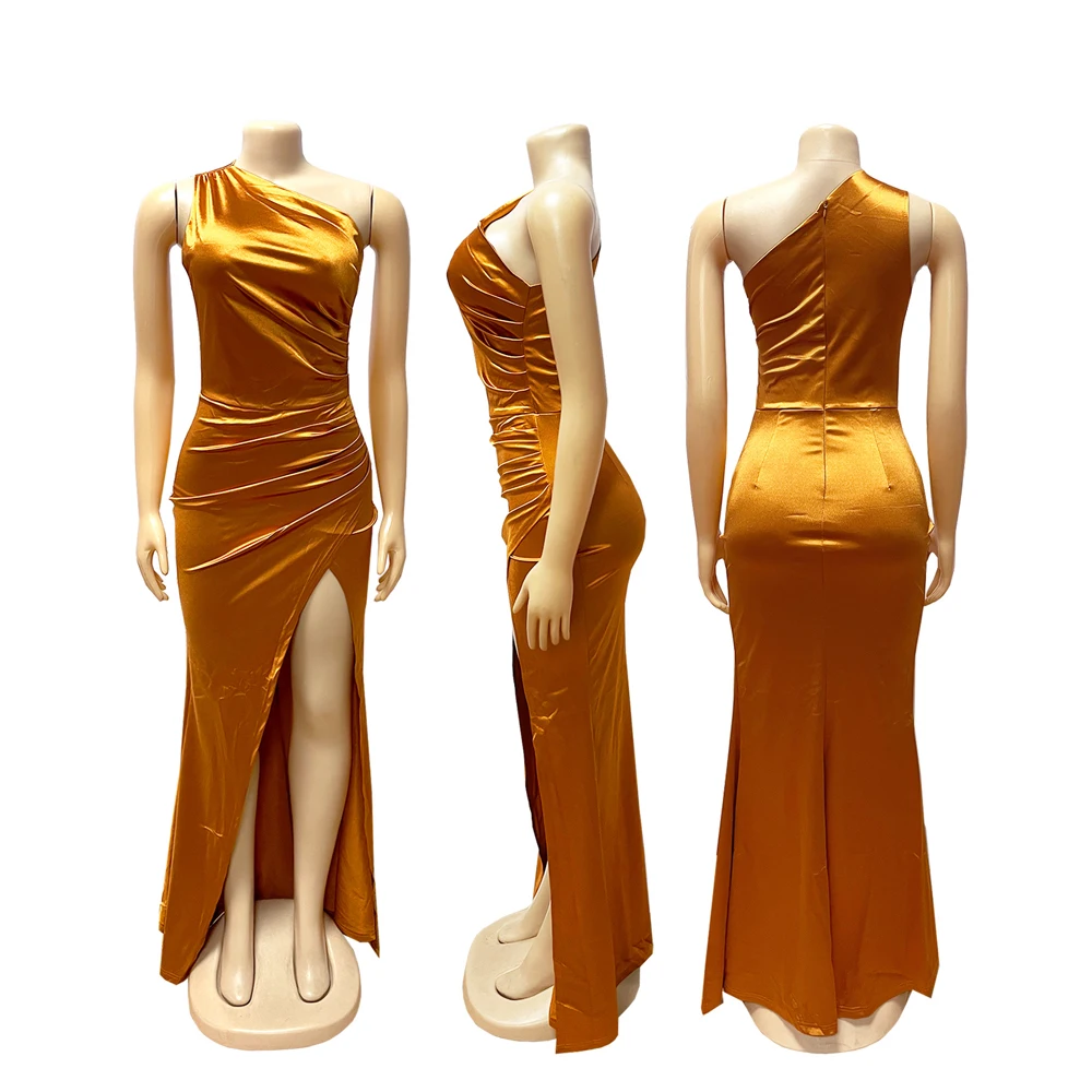 Elegantes Brautjungfernkleid, One-Shoulder-Satin-Abendkleid, gerafftes, hochgeschlitztes Meerjungfrauen-Maxikleid für Damen, Hochzeitsgast, Abschlussball, Party – Detail 11
