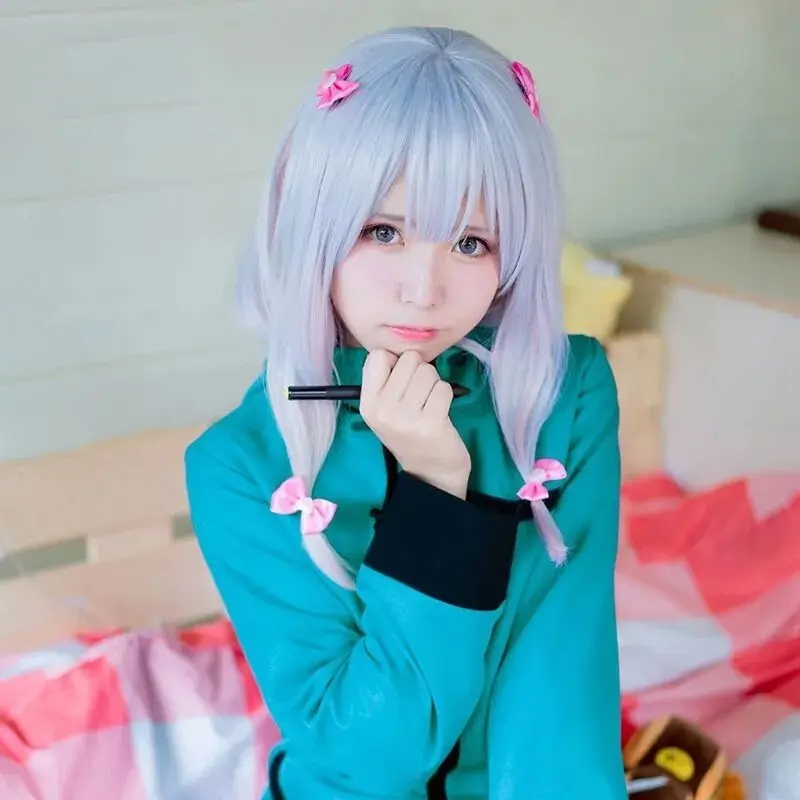 Eromanga Sensei Sagiri Izumi Cosplay Perücke 80 cm, Aschegrau bis Rosa Ombre Langes Haar Volle Perücke für Anime Cos