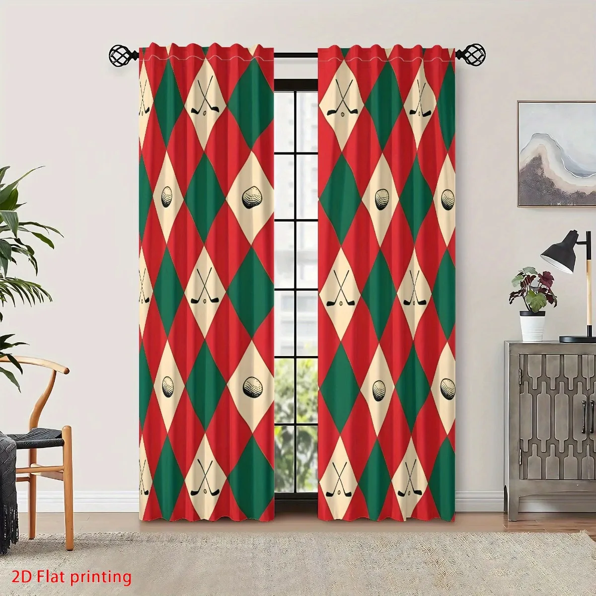 Decorative Red Green Geometric Diamond Pattern Curtains Pair Window Curtains Set for Home Decoration Living Room Drapes Trendy H