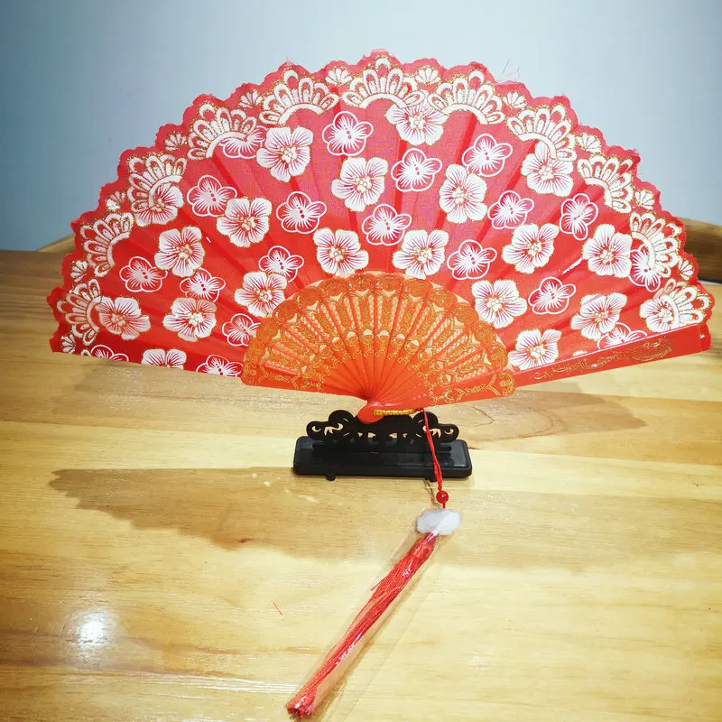 Gold Stamp Red Cherry Blossom Pattern Folding Fan With Tassels Oriental Aesthetics Retro Dancing Fan Qipao Dress  Accessories