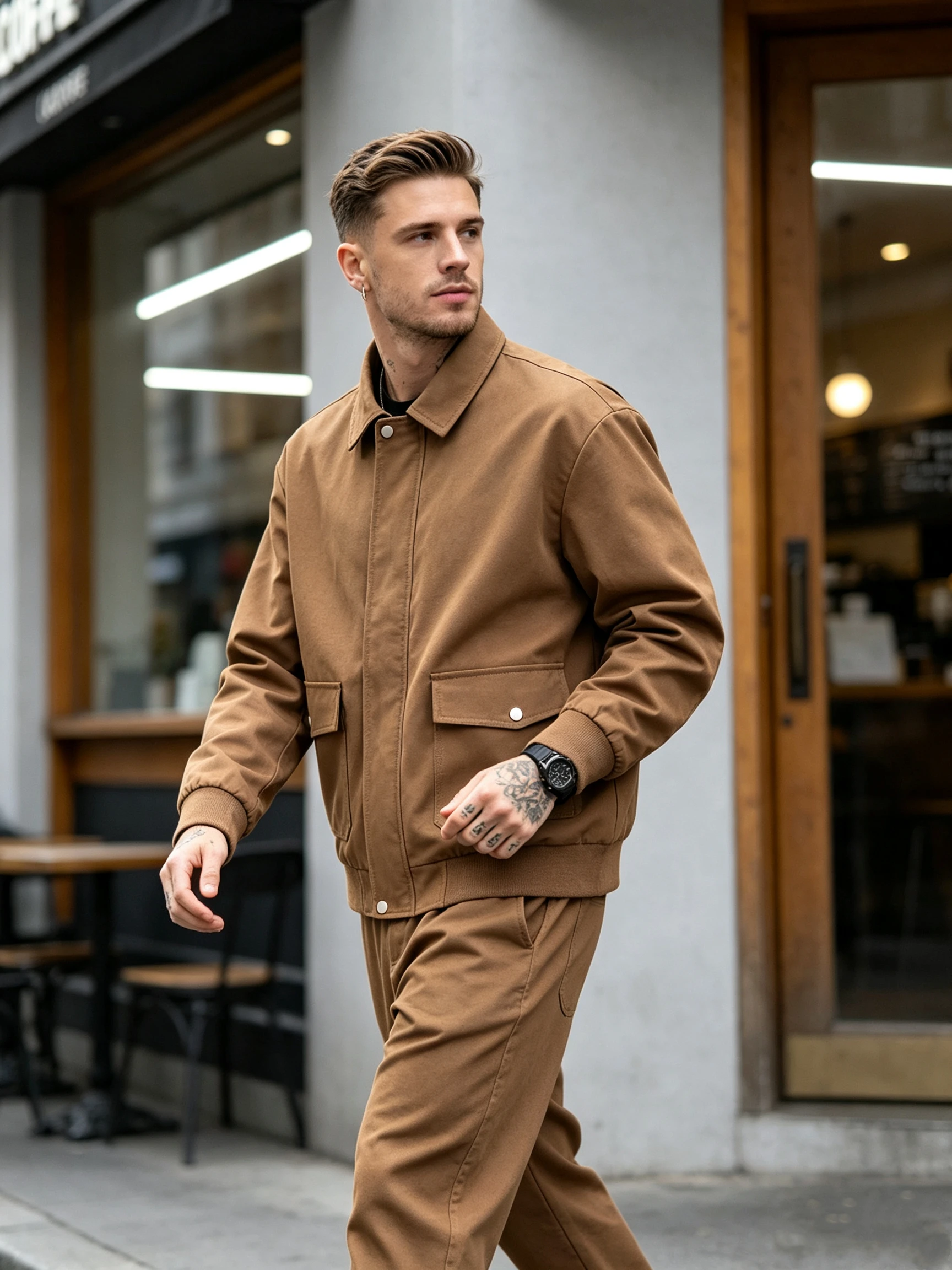 Men's Canvas Lapel Work Jacket Snap Button Vintage Bomber Coat 2 Flap Pockets Casual Windproof Outerwear for Autumn Winter