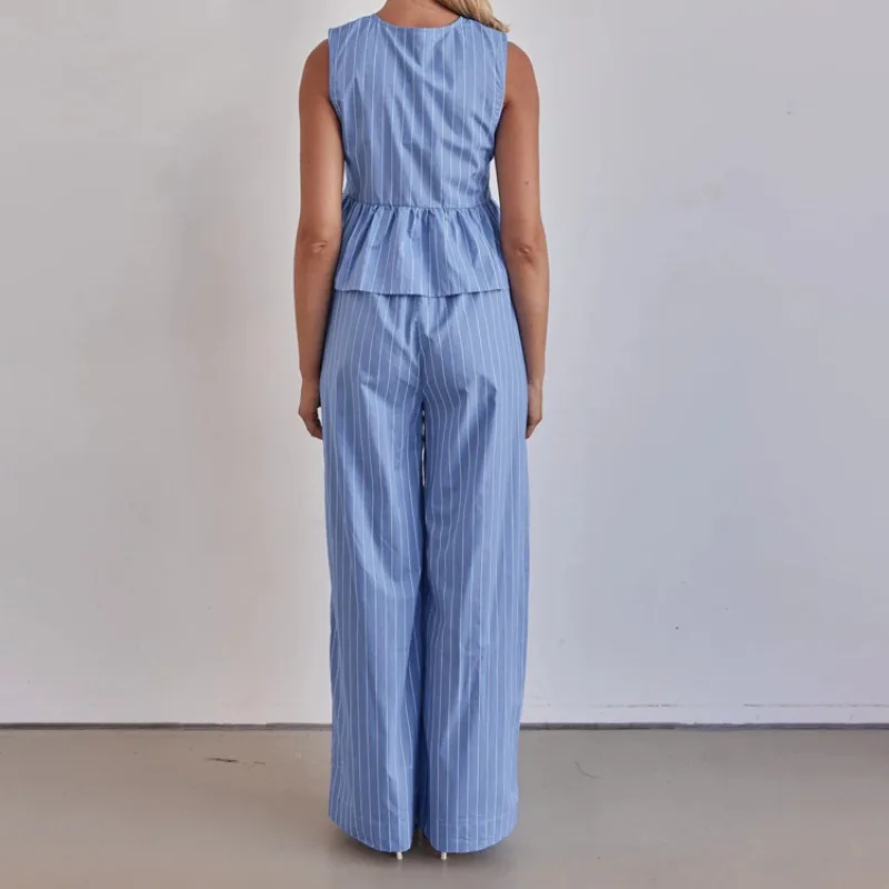 

Tuularose Female Pant Sets Striped Bowknot Sleeveless Top Loose Pant Sets Casual Office Lady Fashion Trousers Two Piece Set 2025
