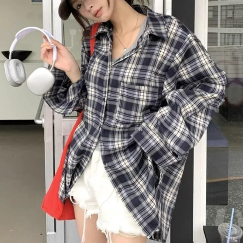 

Korean Style Shirt Cotton Women Spring Summer Casual Shirt Relaxed Style Polo Collar Checkered Long Sleeve Retro Casual Cardigan