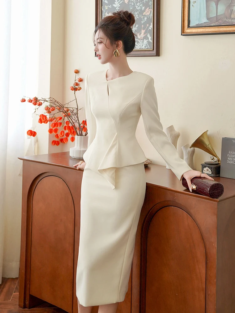 Donne d'affari falso 2 pezzi semplice abito solido manica lunga sottile midi abito a tubino elegante ufficio formale lavoro abiti da donna vestido