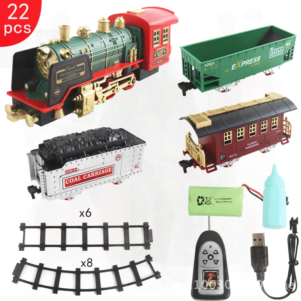 Remote Control Railway Car Toy with Smoke Music And Light for Kids Christmas Charging Small Train Children's Interactive Playset
