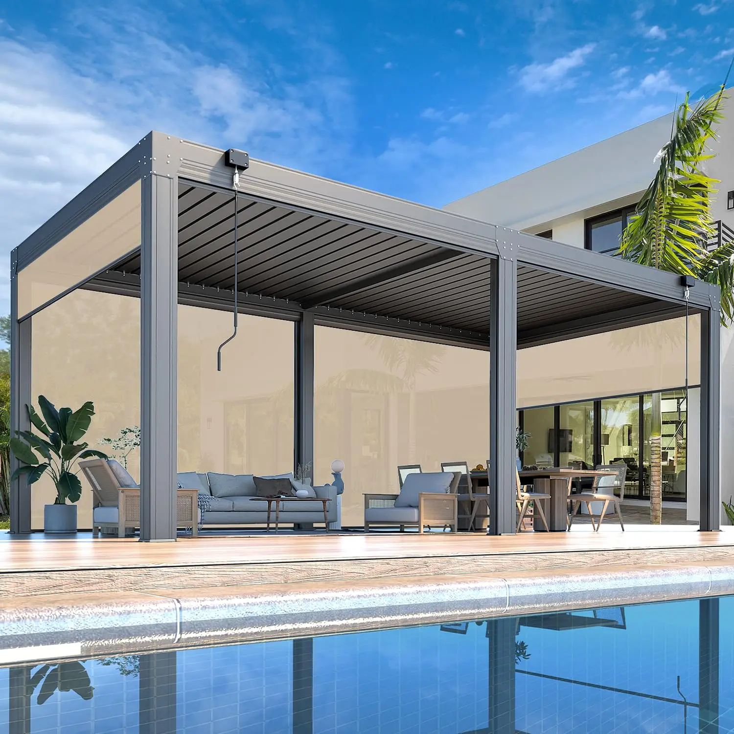 

Алюминиевая пергола с откидной экранной панелью, регулируемой водонепроницаемой крышей и темно-серыми ламелями.