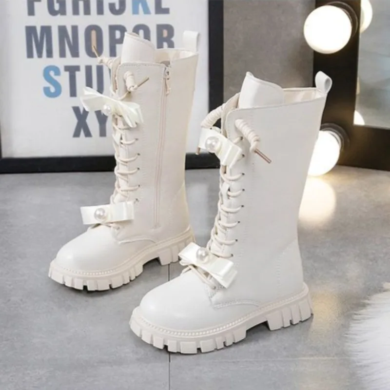 Girls Autumn Winter Warm Furry Knee High Leather Boots for Kids​ British Style Fashion Fleece Lined Long Boots