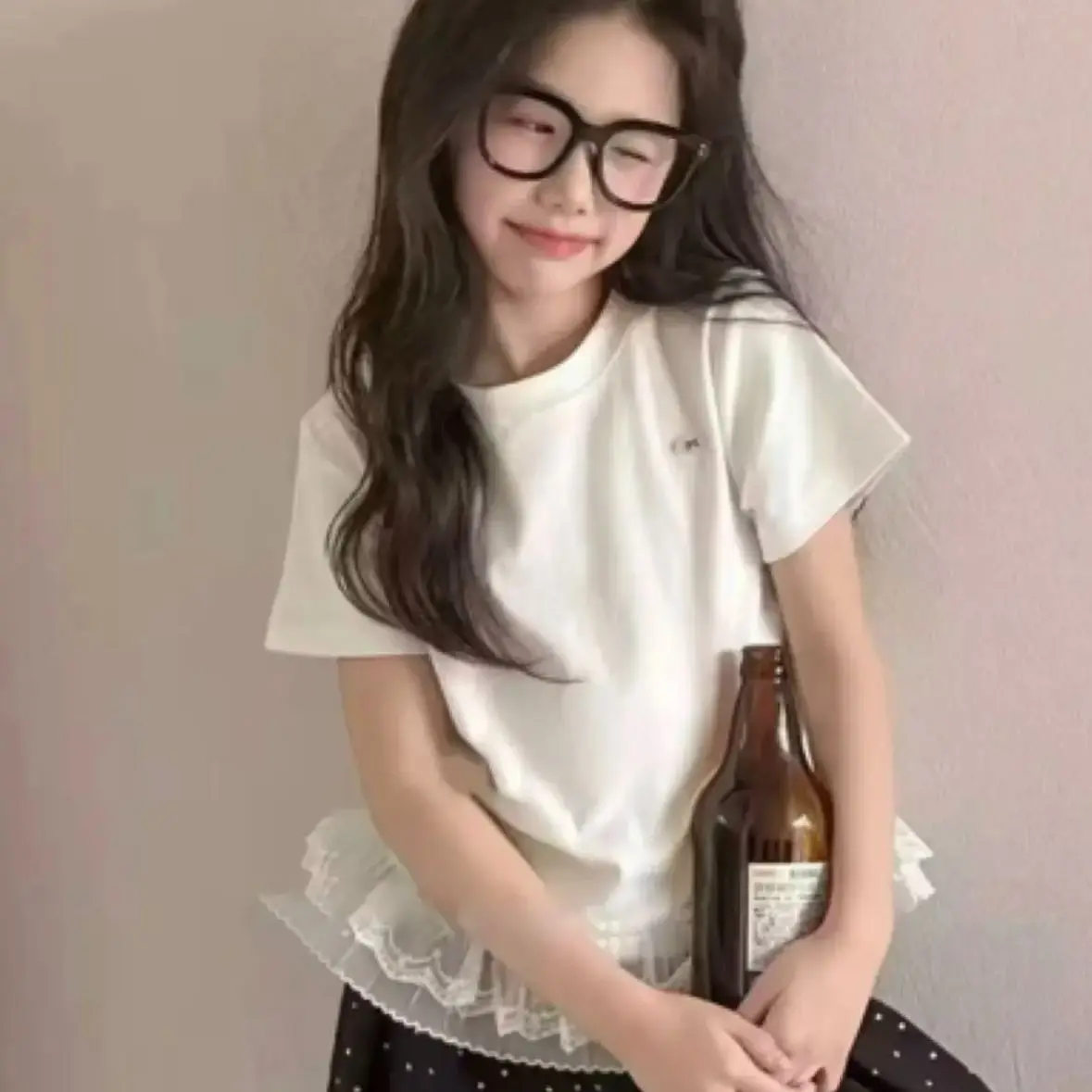 

Girls Summer T-Shirt 2025 New Korean Fashion Solid Color Short-Sleeve Lace Trim Top Kids Soft Casual Daily T-shirt