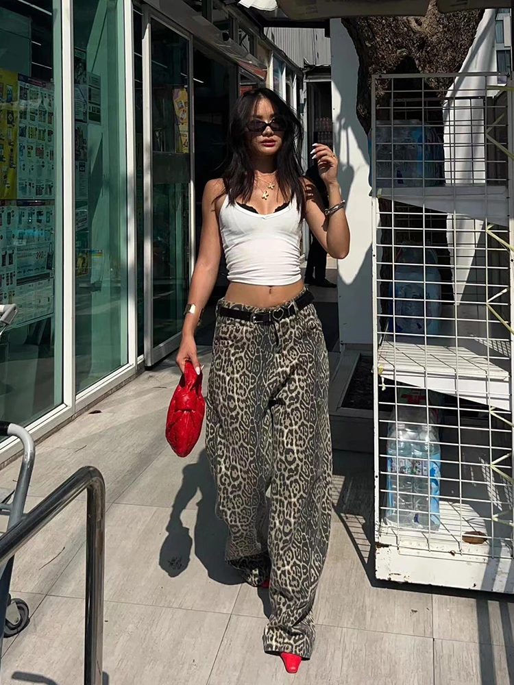 American Retro Leopard Casual Jean Pants Women Y2K Fashion Hotsweet Baggy cowboy Pant Korean Trendy Style Streetwear High Waist