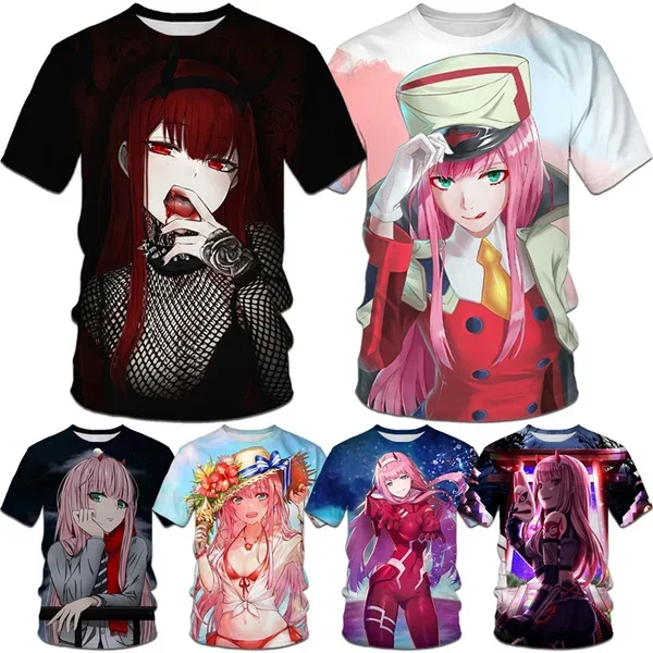 

New Funny Casual Round Neck Short Sleeve Fashion Anime Sexy Girl Zero Two 3D Printed Men's Comic T-shirt Unisex Harajuku Tops