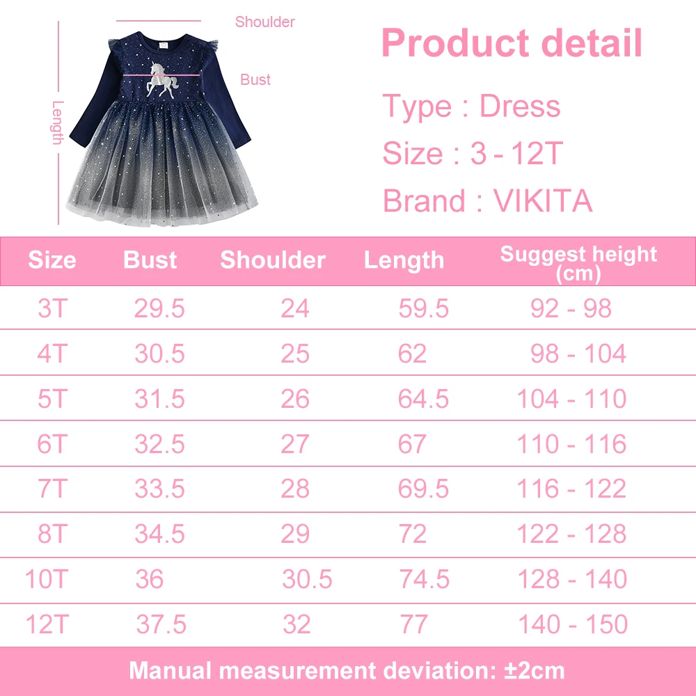 VIKITA Kids Flare Sleeve Autumn Spring Dress Girls Licorne Cartoon Dress Kids Gradient Birthday Party Navy Princess Dresses