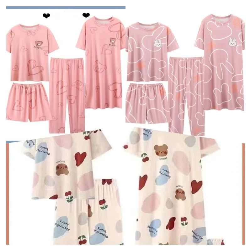 Women Summer Four Pieces Set Short Pajama With Nightdress Short Sleeve Top Shorts Pants7 Thin Printing Cartoon O-neck Loose Cute