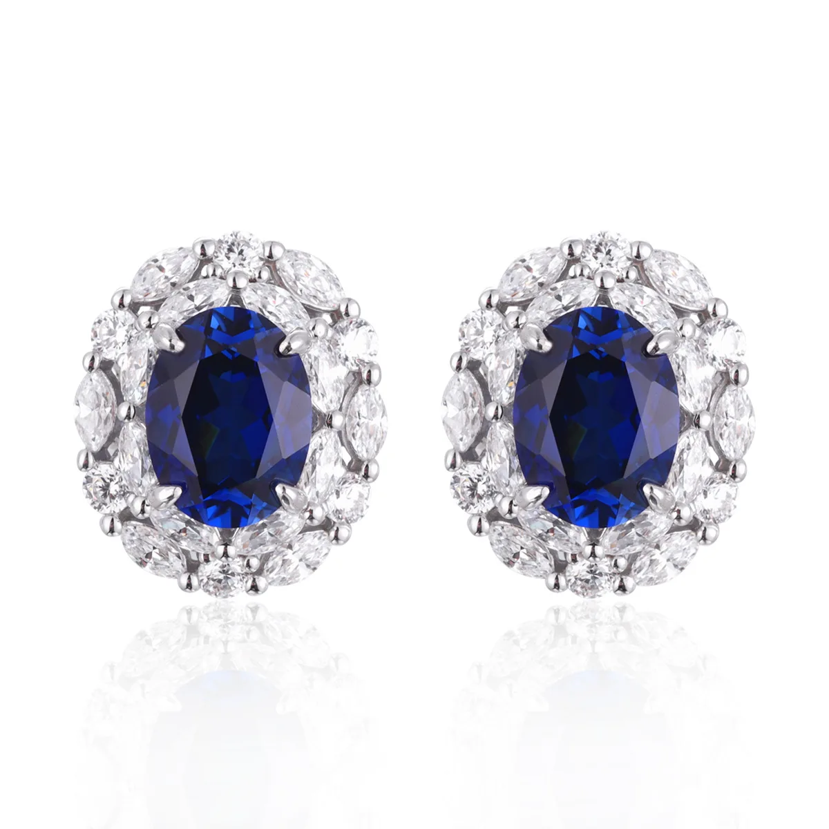

LinkerLove 925 Silver 2CT Oval Cut Royal Blue Sapphire Halo Necklace Earrings Ring Set with Zircon Accent Fine Jewelry for Women
