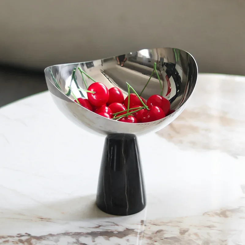 Light Luxury Marble Fruit Tray Decoration, Stainless Steel Tray, Irregular Metal Snack Tray Decoration in The Living Room