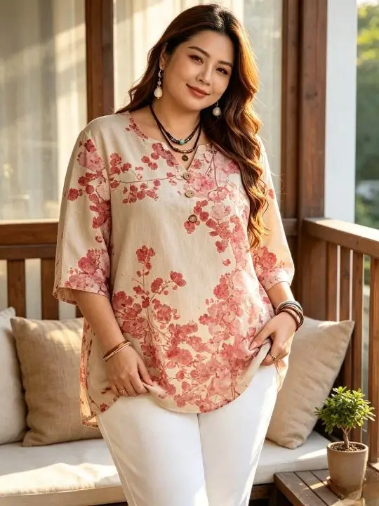 Plus Size Floral Print Blouse Notch V‑Neck 3/4 Sleeve Decor Buttons Loose Vintage Boho Women Casual Daily Top