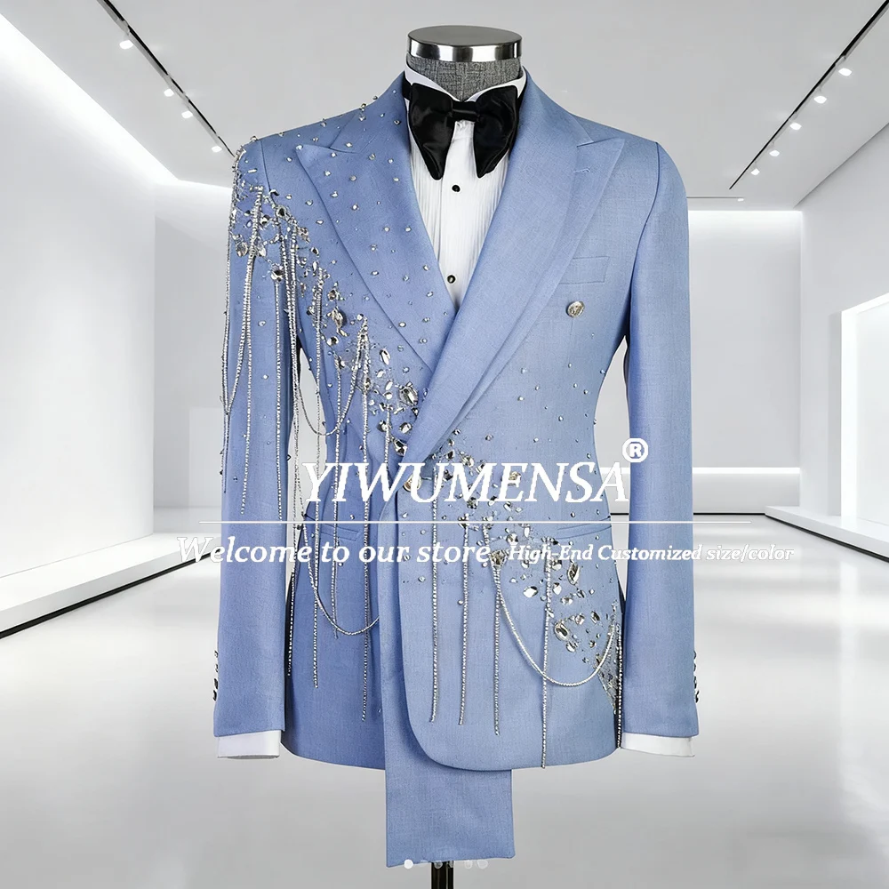 

Уникальный дизайн, синие костюмы для мужчин на свадьбу, блейзеры для выпускного вечера с камнями и бисером, индивидуальные 2-х предметные смокинги для жениха с кисточками, банкетные Ropa Hombre