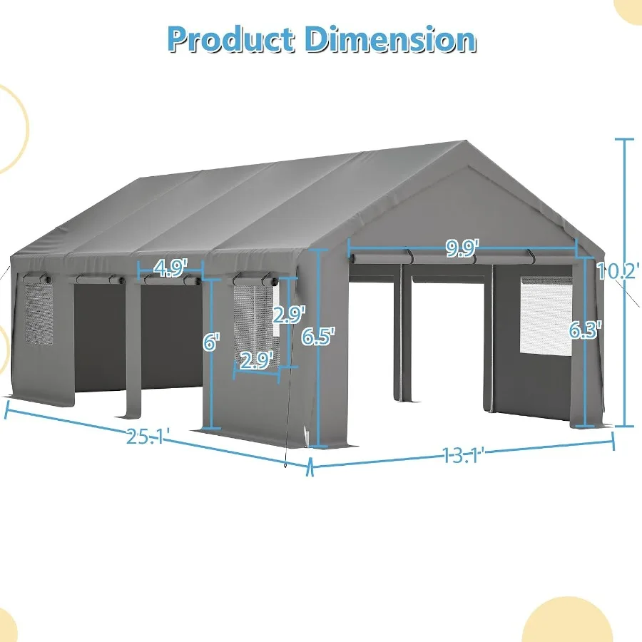 All-Season Portable Carport for SUV Boat Car Truck: Heavy-Duty Gray UV-Resistant Waterproof Tarp with Mesh Windows and Removabl