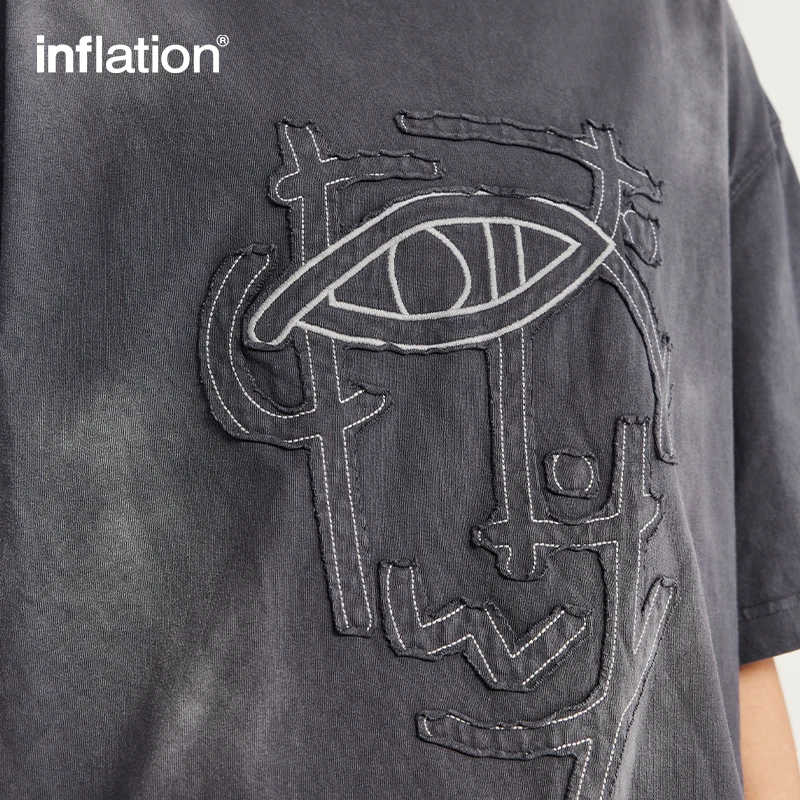 INFLATION Streetwear Acid Washed Patch Embroidery Tees Unisex Cotton Oversize Tshirt