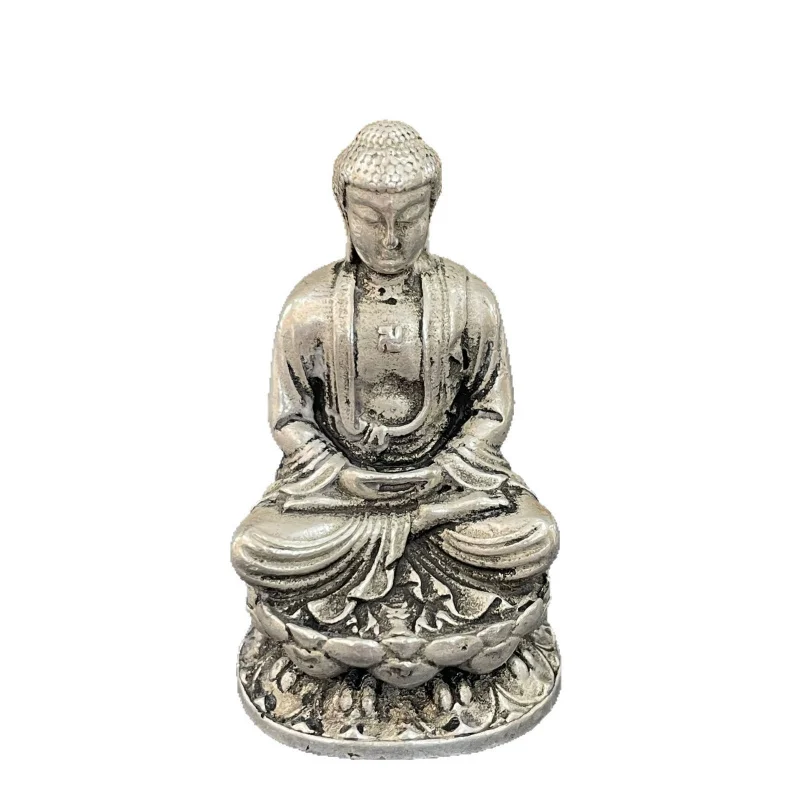 Antique Tibetan-style small , silver-plated white copper mini Buddha statue, Guanyin, Tathagata, Yellow Wealth God
