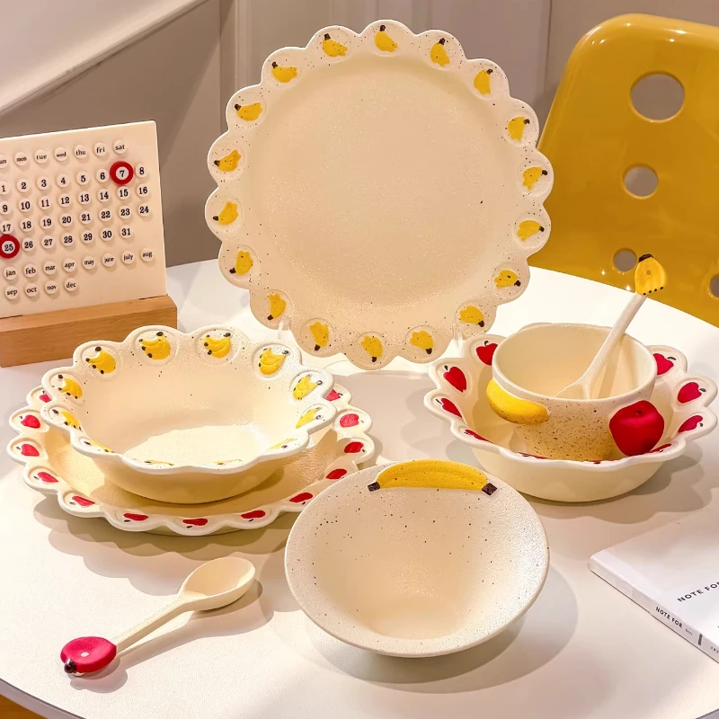 

LLMM Apple Rice Bowl Plate Tableware Household Ceramic Embossed Yogurt Bowl Fruit Plate