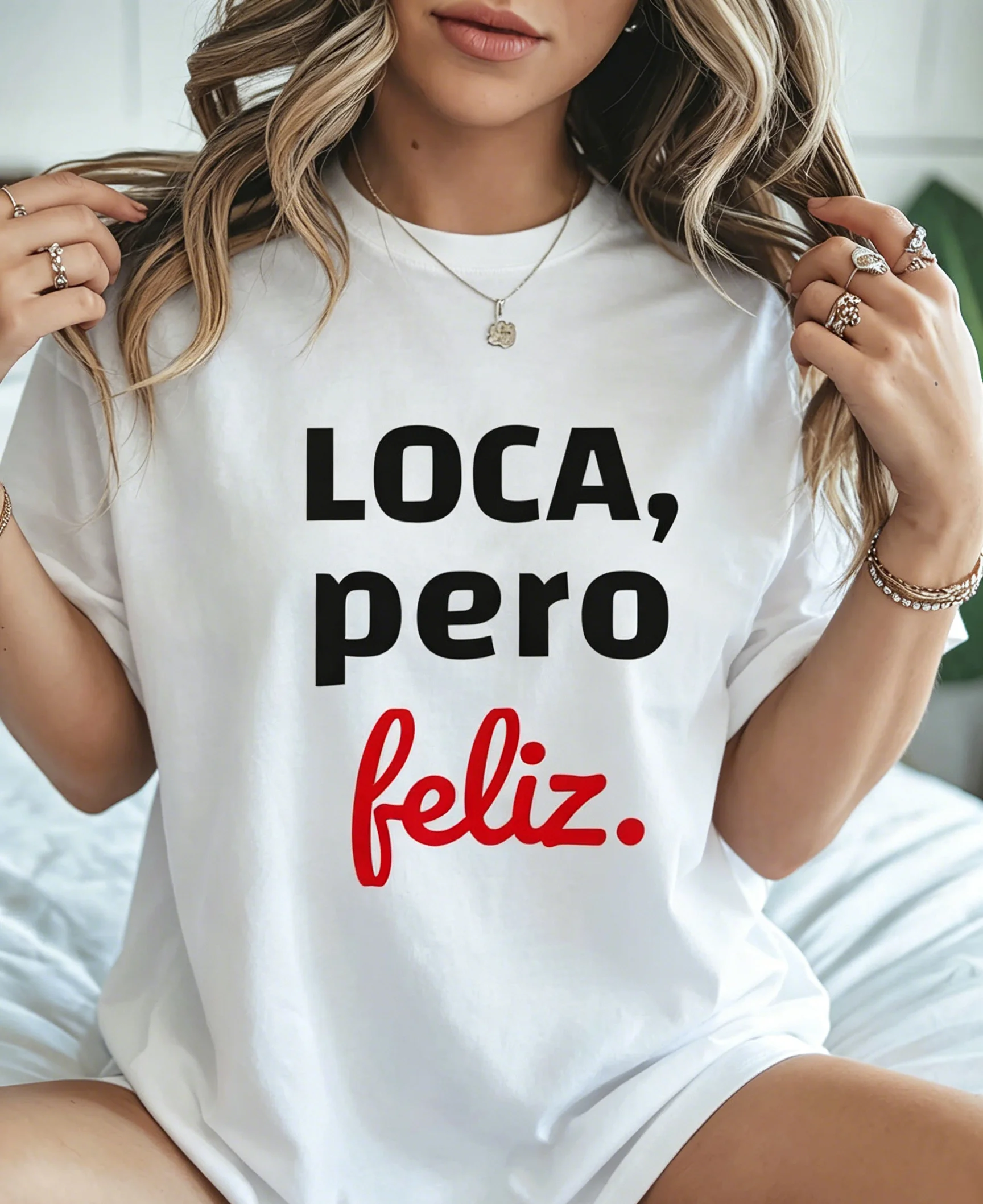 Loca Pero Feliz Graphic Tee Black Summer Aesthetic T-Shirt Retro Spanish Quote Cute Top Casual Short Sleeve Loose Streetwear