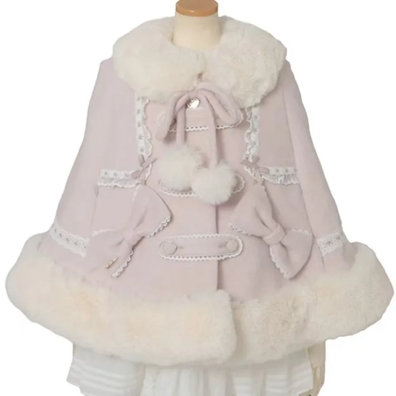 

Winter French Style Temperament Elegant Coat Lace Flower Bow All-match Cloak Sweet Warm Thicked Woolen Loose Celebrity Jackets