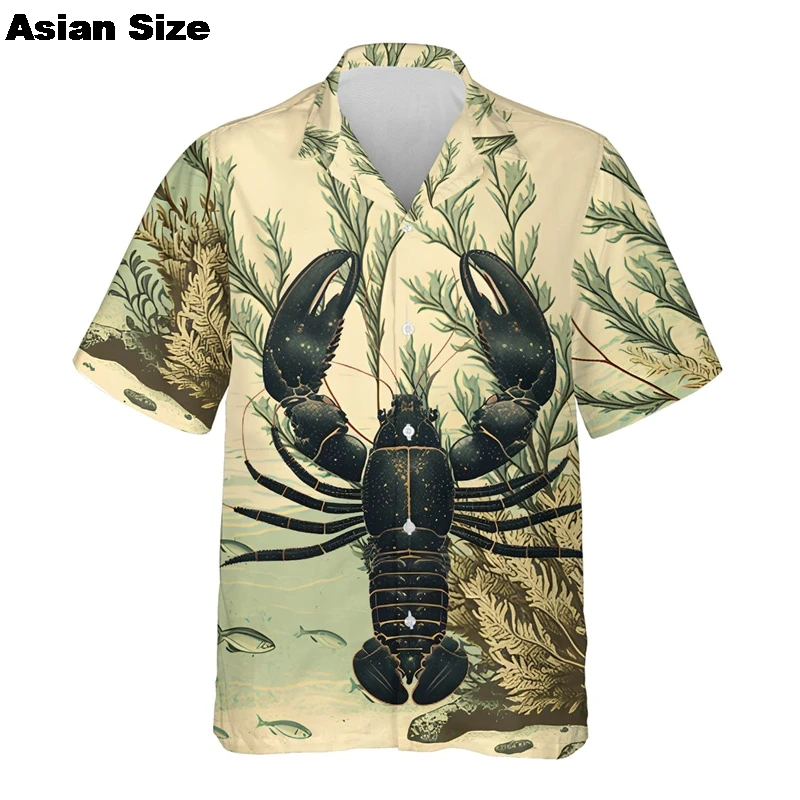 

Cartoon Lobster Casual Shirts Animal Anchor Print Beach Shirt Hawaii Vintage Blouses Man Graphic Lapel Blouse Harajuku Clothing
