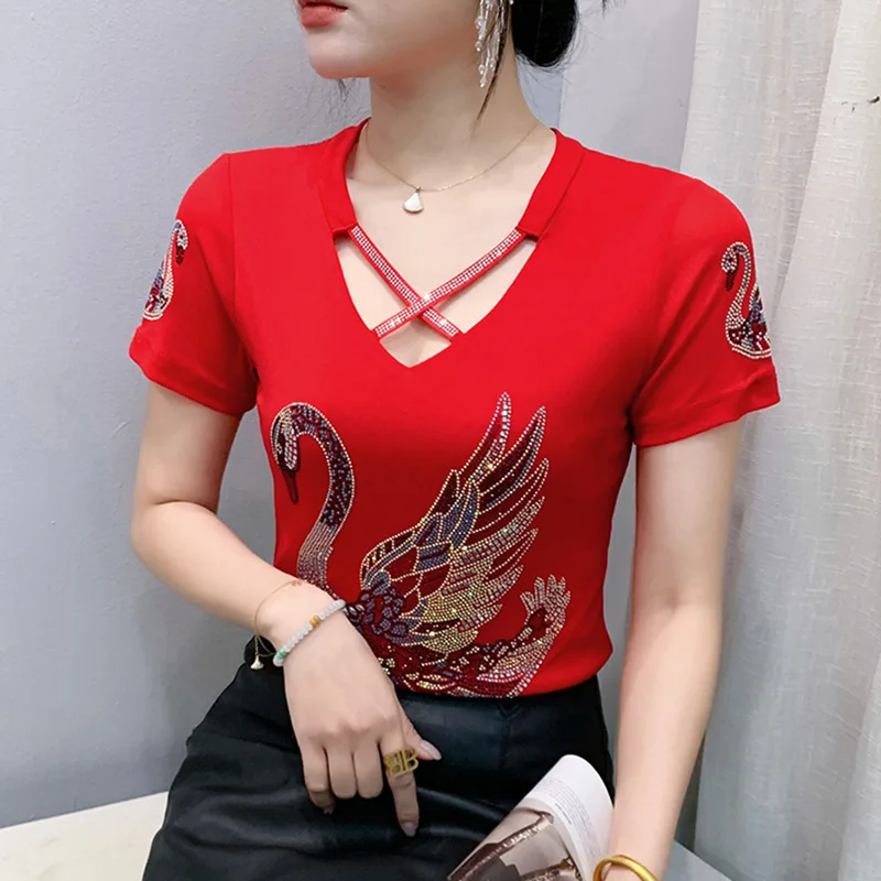 New 2025 Summer Short Sleeved V-Neck Women's T-Shirt Fashion Casual Hot Drilling Mesh Tops Elegant Slim Diamond Clothes
