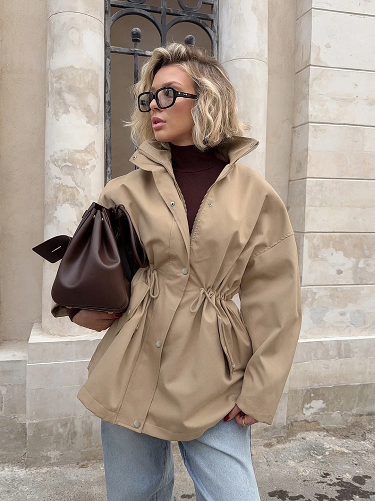 

Drawstring Short Trench Coat Fashion Women Autumn Casual Jacket Long Sleeve Zipper Pocket Coat Streetwear Lady Loose Outerwear
