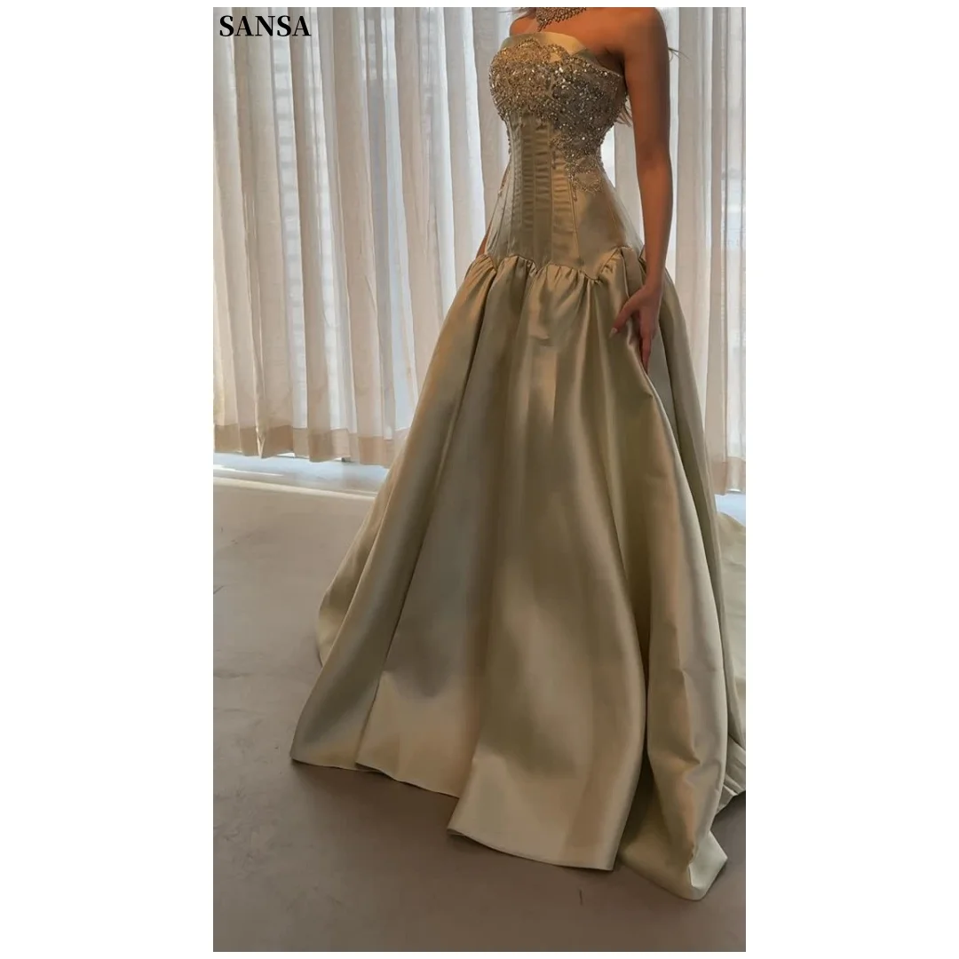 Sansa Customized 2026 Elegant Champagne Gold Strapless Prom Dresses Beaded Corset Satin Ball Gown Formal Evening Gowns Vestidos