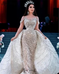 Luxury Detachable Train Wedding Dress Full Beaded Custom Made Dubai Women Bridal Gowns Shiny Off Shoulder Wedding Gowns 2024