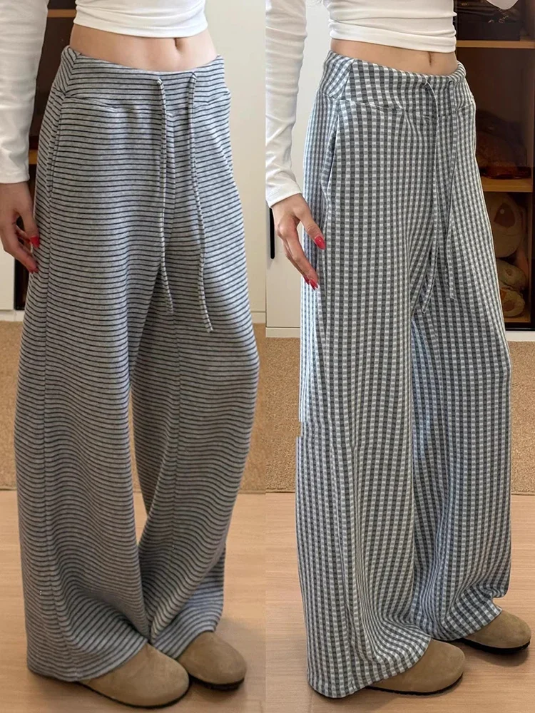 Y2K Striped Pants Women Plush High Waist Loose Lazy Wide Leg Autumn Winter Trousers