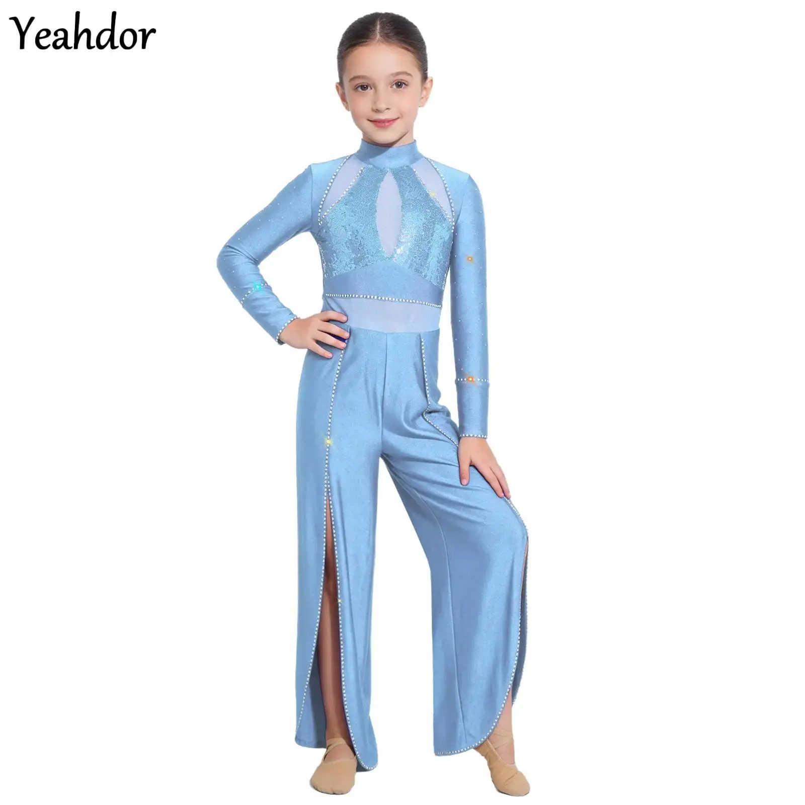 Kid Girls Ballet Modern Lyrical Dance Full Bodysuit Rhinestones Gymnastics Jumpsuit Long Sleeve Sequin Mesh Split Wide Leg Pants