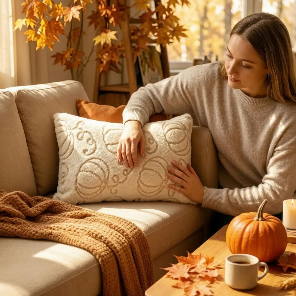 Farmhouse Throw Pillow Case Plush Throw Pillow Covers Fall Plush Cushion Cover Pumpkin Embroidery Throw Pillow for Thanksgiving