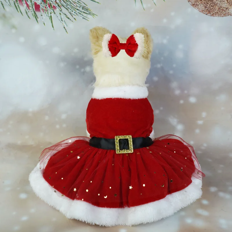 Samt-Weihnachtsmannkleid für Hunde mit Pailletten-Netzrock Flauschiger Weißer Besatz Elegantes Weihnachtsoutfit für Kleine Hunde Perfekt für Fotos – Detail 7