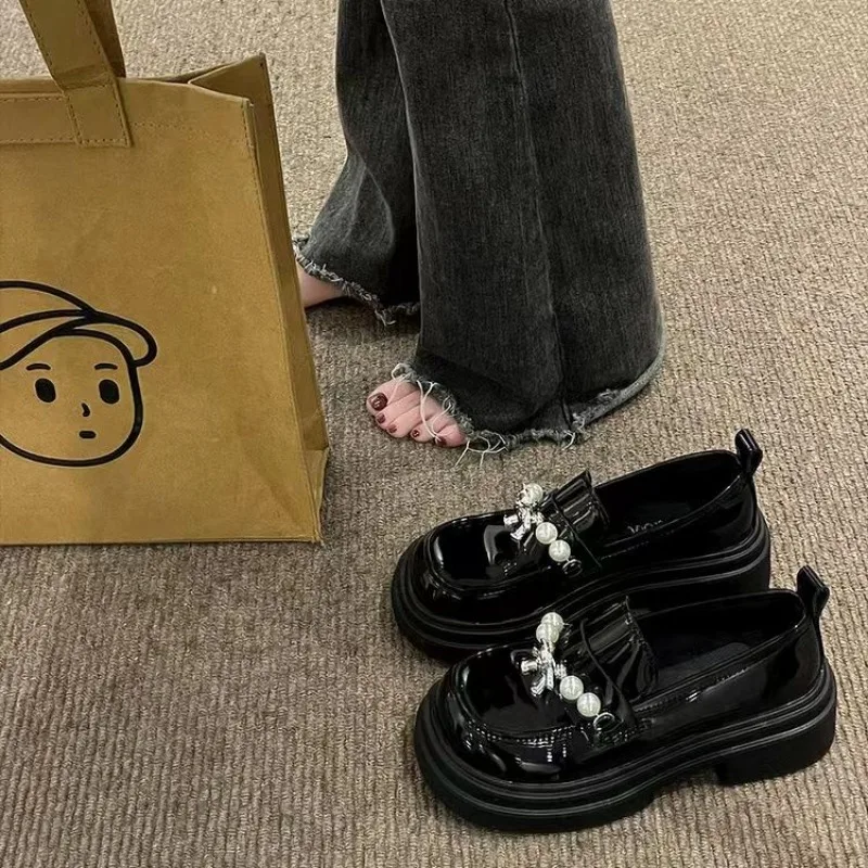 

Women's Mary Jane Shoes Black Pearl Round Toe Ladies Pumps Platform 39 Fashion High Quality Footwear on Offer Chic Point Slip