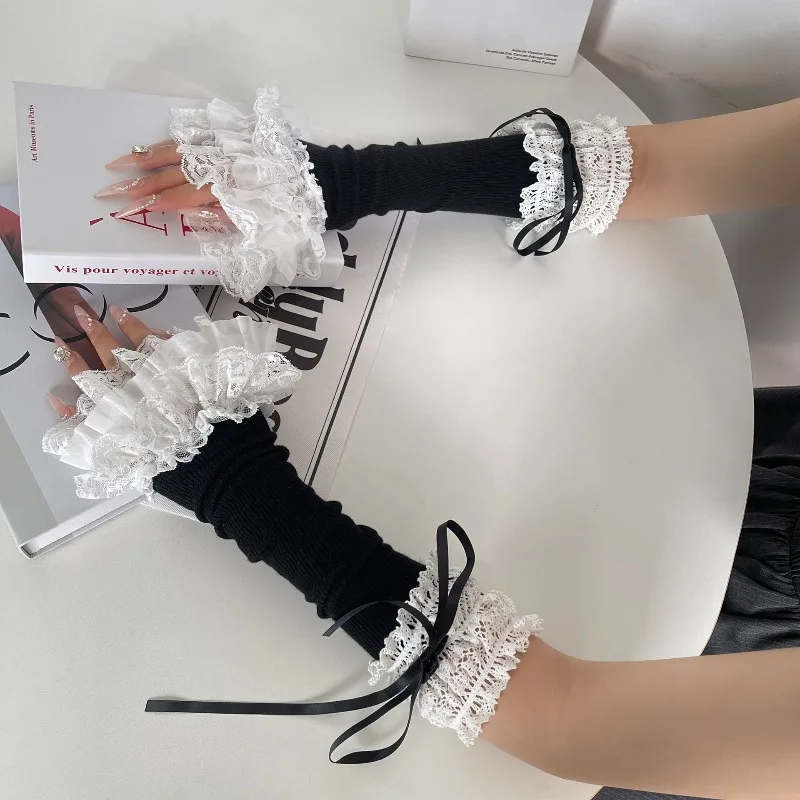 

Hot girl Lolita lace large ruffle tie-up heavy industry Lolita sleeve gloves for women