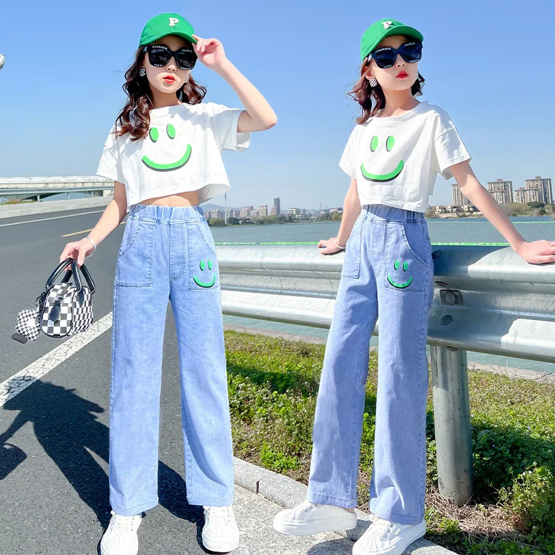 2024 Summer teens Girls Clothes Sets Outfits Kids crop top 2PCS T-shirt + demin Pants jeans Child tracksuit 6 8 10 12 14 Year