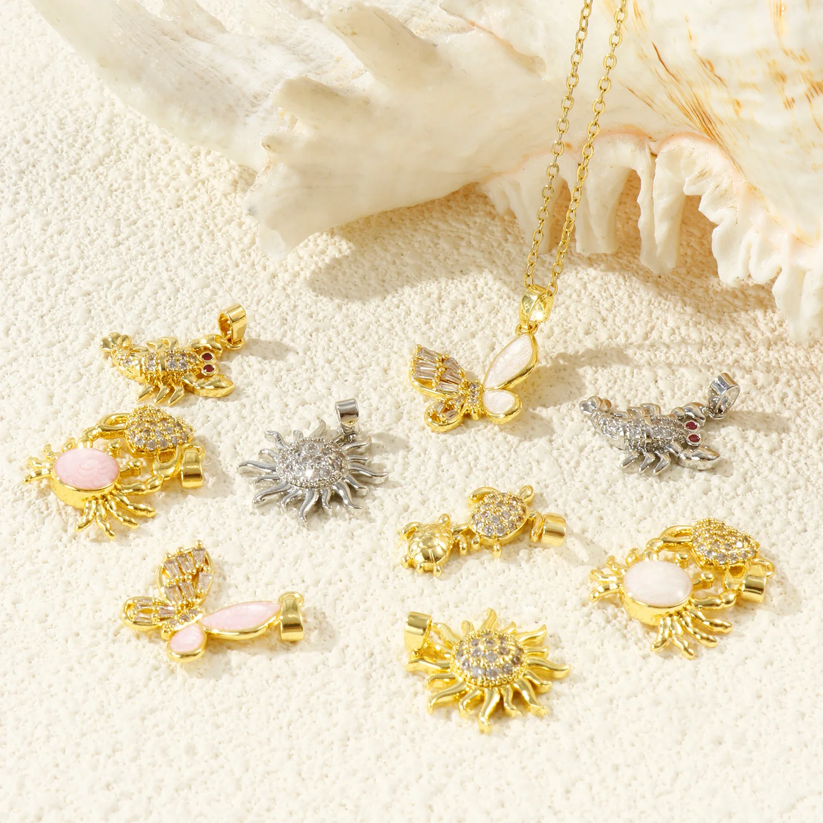 2pcs New Brass Charms Gold Plated Sun Butterfly Animal Multicolor Enamel Micro Pave Rhinestone Pendants DIY Necklace Jewelry