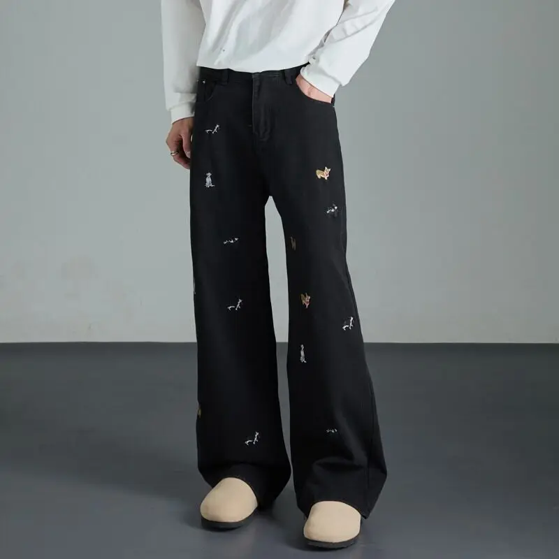Whth moda 2025 verão dos desenhos animados dos homens bordados calças jeans de rua alta vintage solto em linha reta perna larga jeans masculino 2a0775