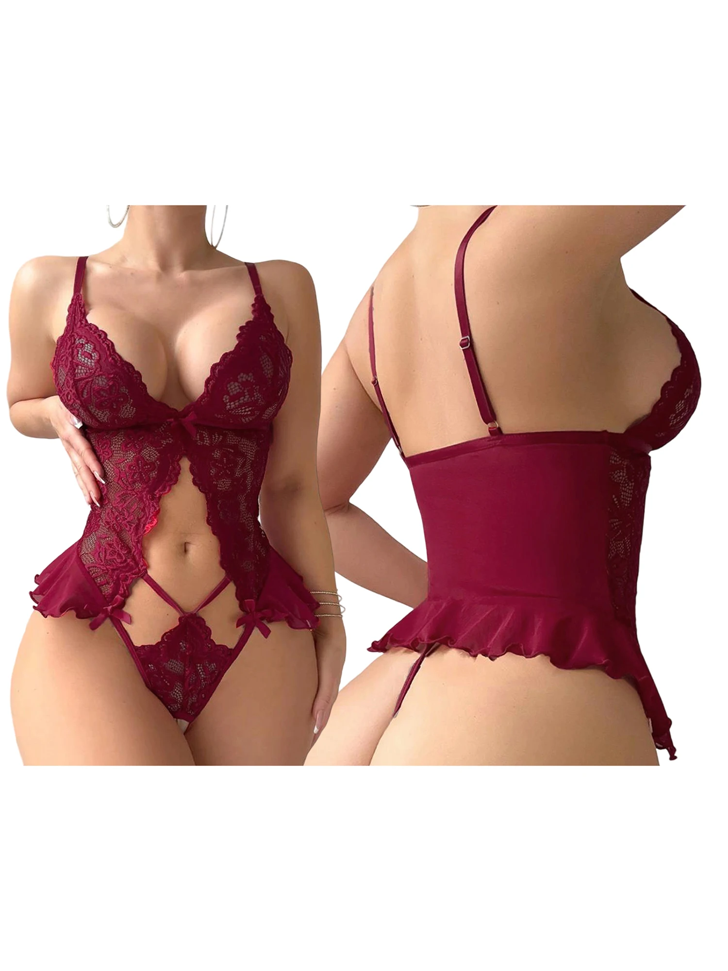 

Sexy Lace Lingerie Bodysuit with Ruffle Trim and Deep V Neckline Spaghetti Straps Perfect for Bedroom Play or Party Night Out